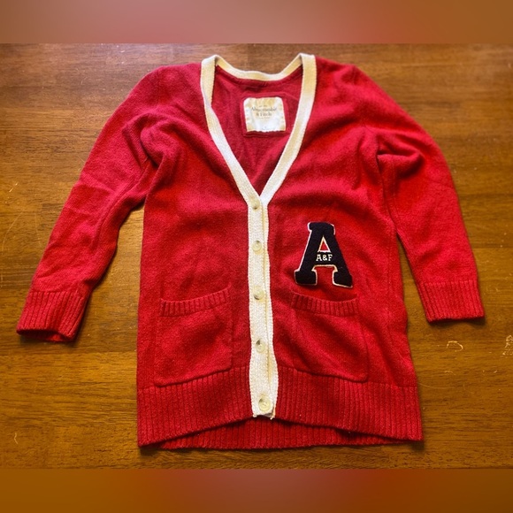 Abercrombie & Fitch Sweaters - Abercrombie & Fitch Red V-Neck Varsity Cardigan Sweater Y2K